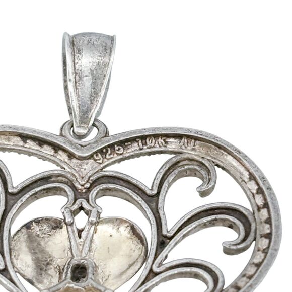 Vintage Sterling Silver 925 & 10K Gold Heart Filigree Scroll Pendant - Picture 5 of 7